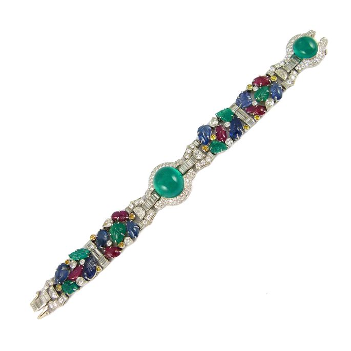 Cabochon emerald, ruby, sapphire and diamond tutti-frutti bracelet by Raymond Yard, New York, | MasterArt